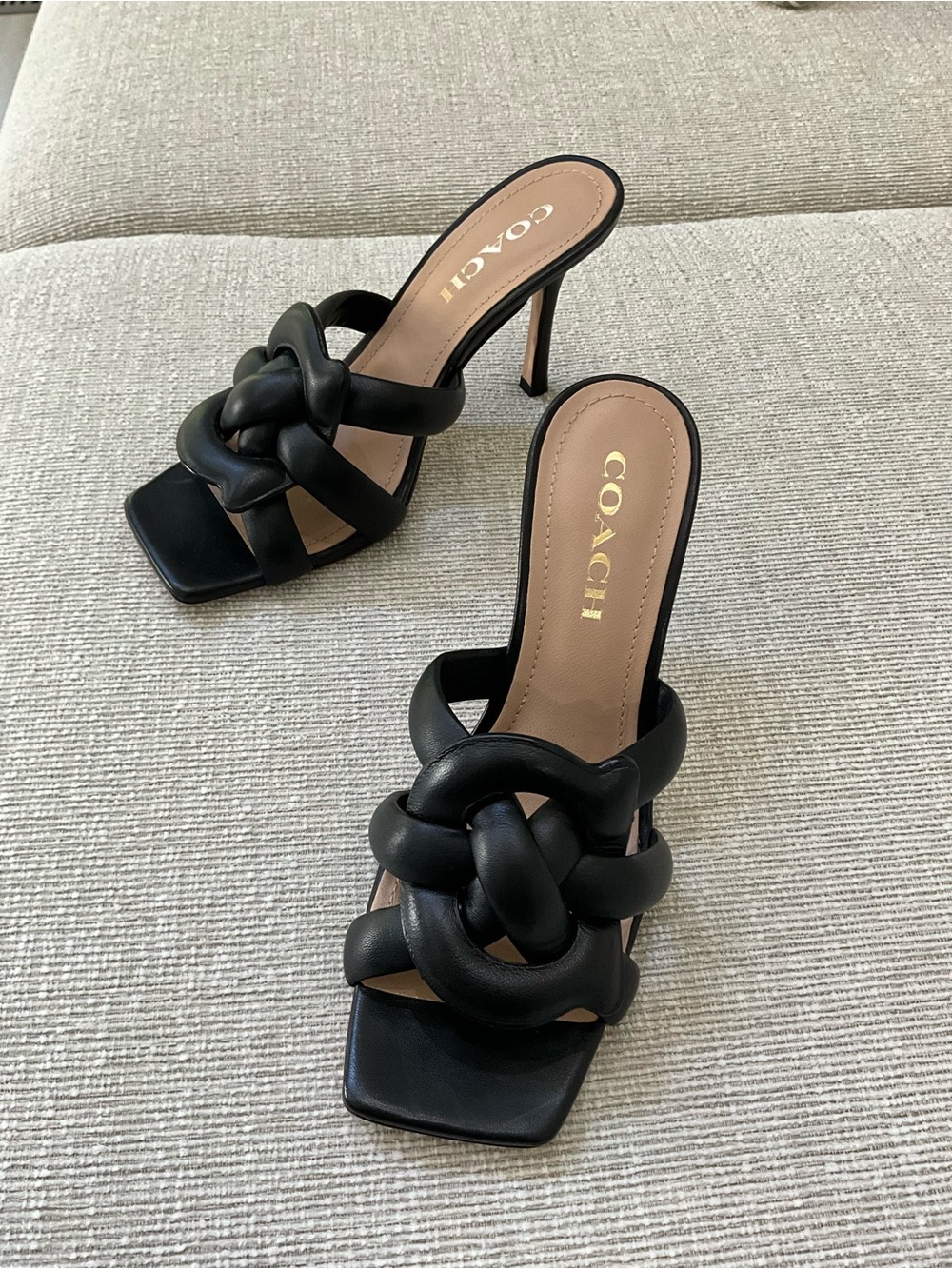 COACH Kellie Black Leather Knotted Mule Heels Slide Sandals Sz 8 $195